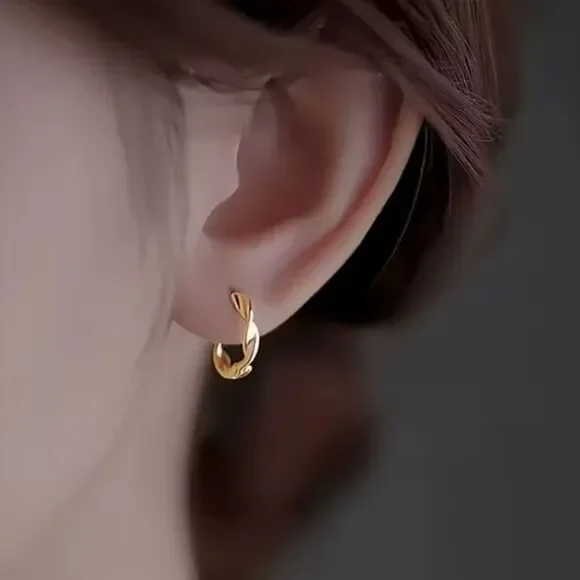 Gold Twisted Small Hoop Earrings Simple Elegant Rope Drop Huggie Style Fashion - Picture 2 of 4